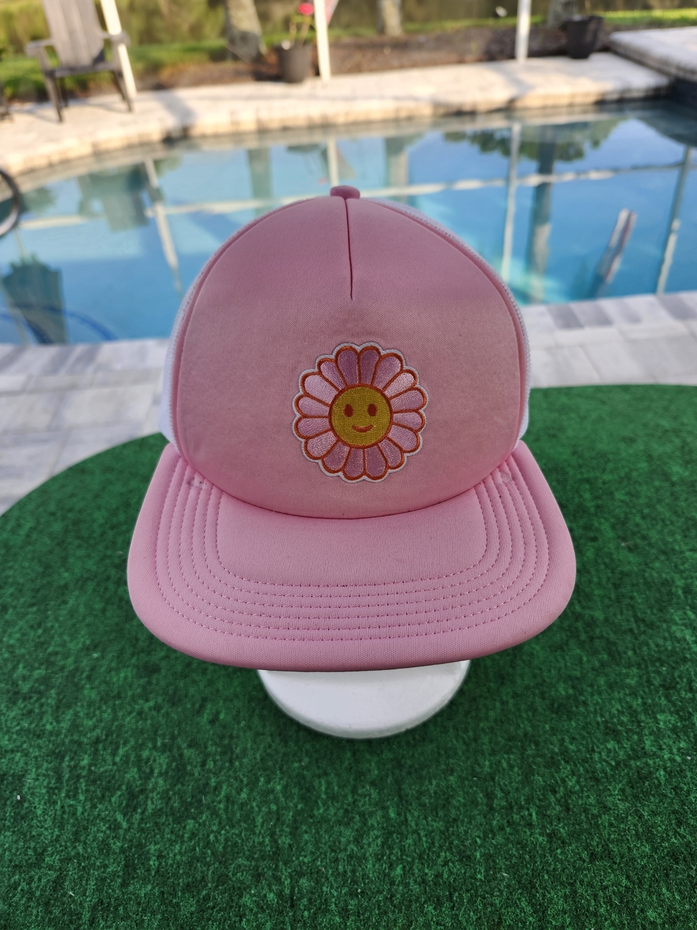 Pink Flower Daisy Yellow Smiley Face Baseball Trucker Hat Cap Big X